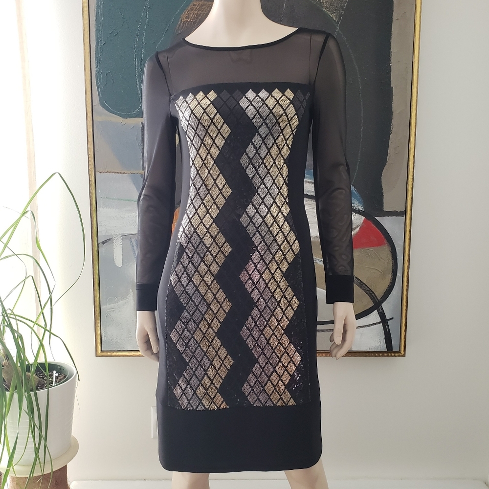 Joseph Ribkoff | Mesh and Sequin Geometric Dress